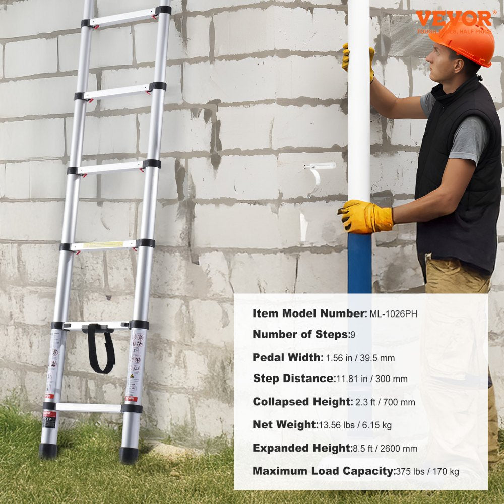 Bostome 8.5FT telescoping extension ladder with aluminum construction and anti-slip rungs.
