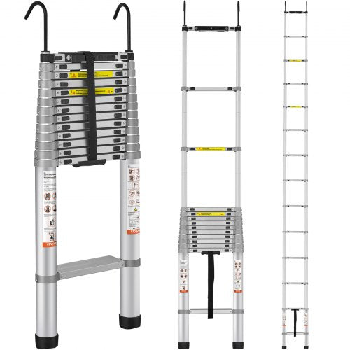 Aluminum telescoping ladder, 18.5 ft tall, 400 lbs capacity, with anti-slip and anti-wobble features.