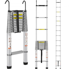 Aluminum telescoping ladder, 18.5 ft tall, 400 lbs capacity, with anti-slip and anti-wobble features.