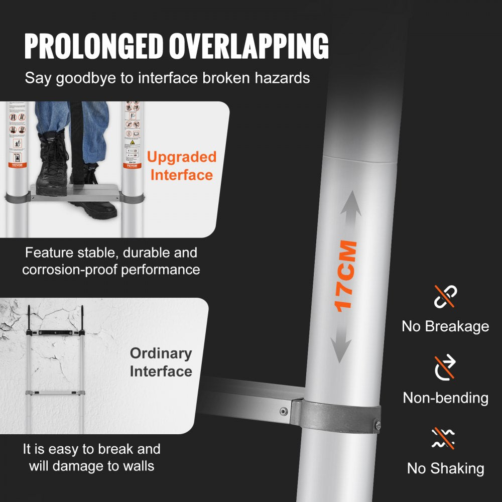 Aluminum telescoping ladder, 18.5 ft tall, with anti-wobble design and 400 lbs capacity.