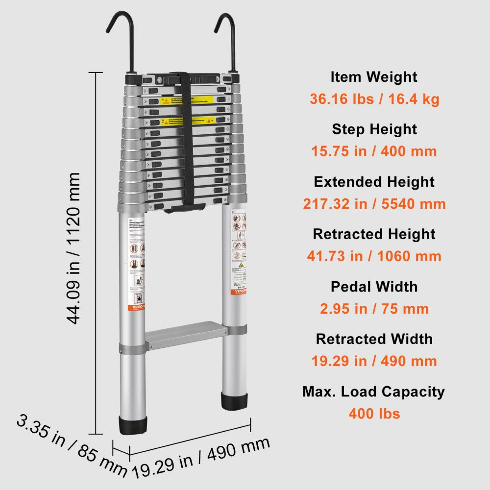 Aluminum telescoping ladder extended to 18.5 feet with anti-slip steps and locking mechanism.