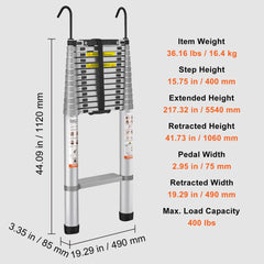 Aluminum telescoping ladder extended to 18.5 feet with anti-slip steps and locking mechanism.
