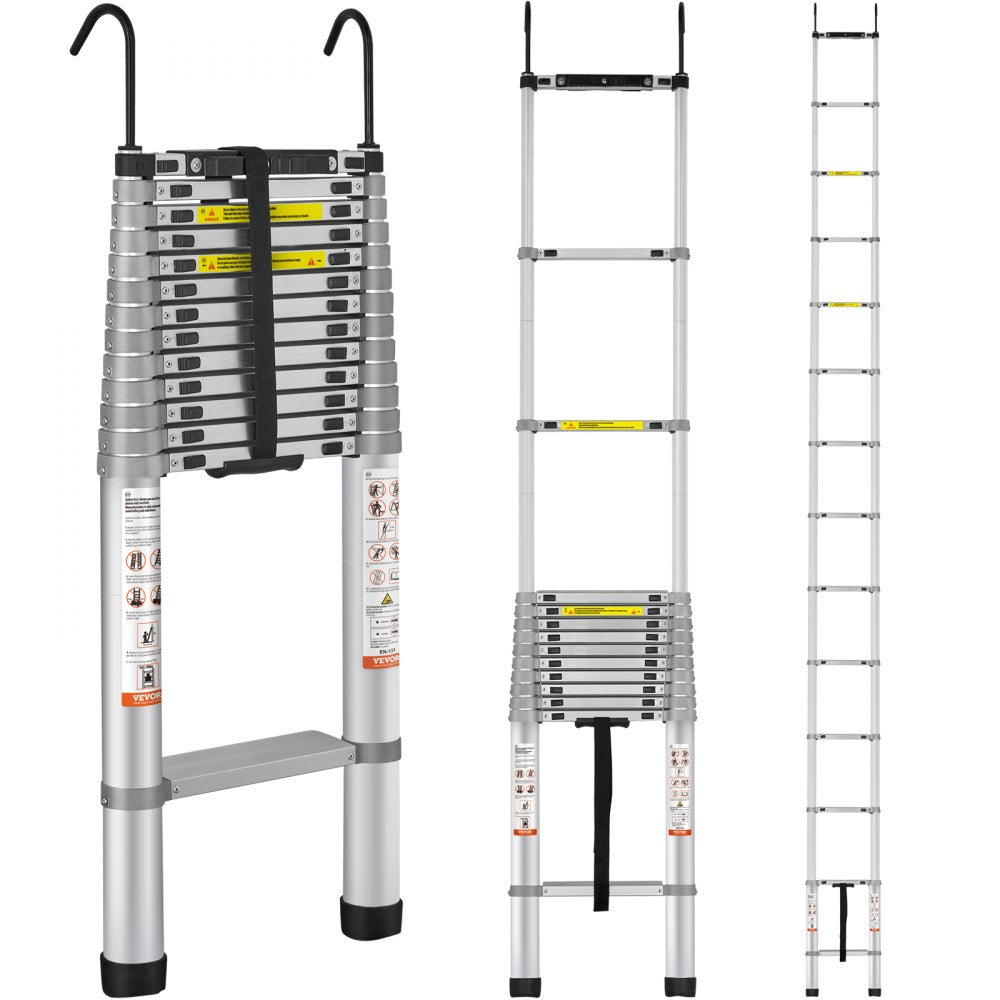 Aluminum telescoping ladder with 18.5 ft height and 400 lbs capacity, featuring anti-slip design.