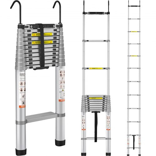 Silver 15 FT aluminum telescoping ladder with non-slip rungs, shown extended, folded, and in use.