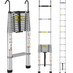 Silver 15 FT aluminum telescoping ladder with non-slip rungs, shown extended, folded, and in use.