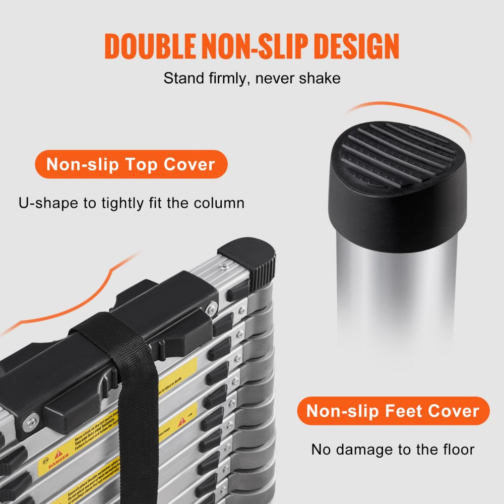 A close-up of a telescoping ladder highlighting its non-slip top and feet covers.