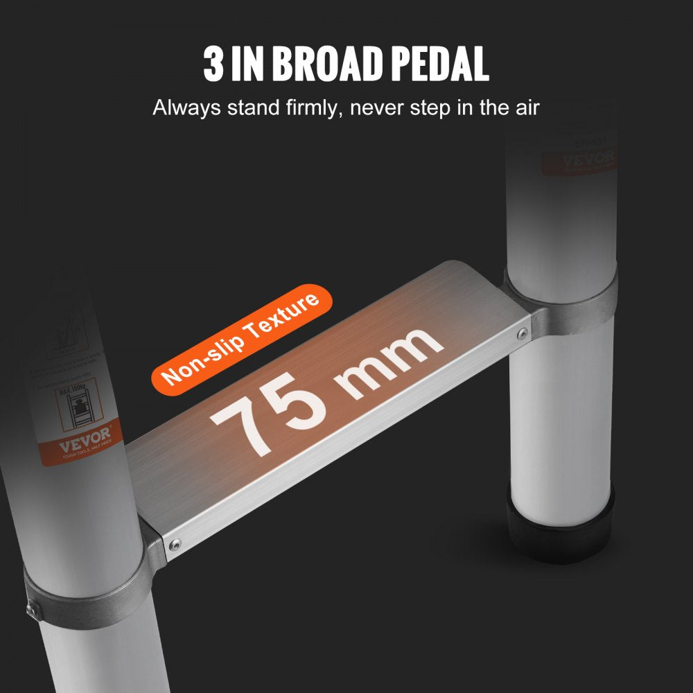 Wide 3-inch non-slip aluminum pedal for telescoping ladder, 75 mm across.