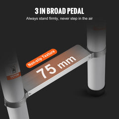 Wide 3-inch non-slip aluminum pedal for telescoping ladder, 75 mm across.