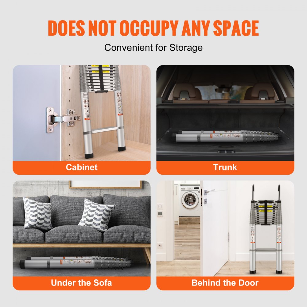 Collapsible 15 FT aluminum telescoping ladder shown extended and stored in cabinet, trunk, under sofa, and behind door.