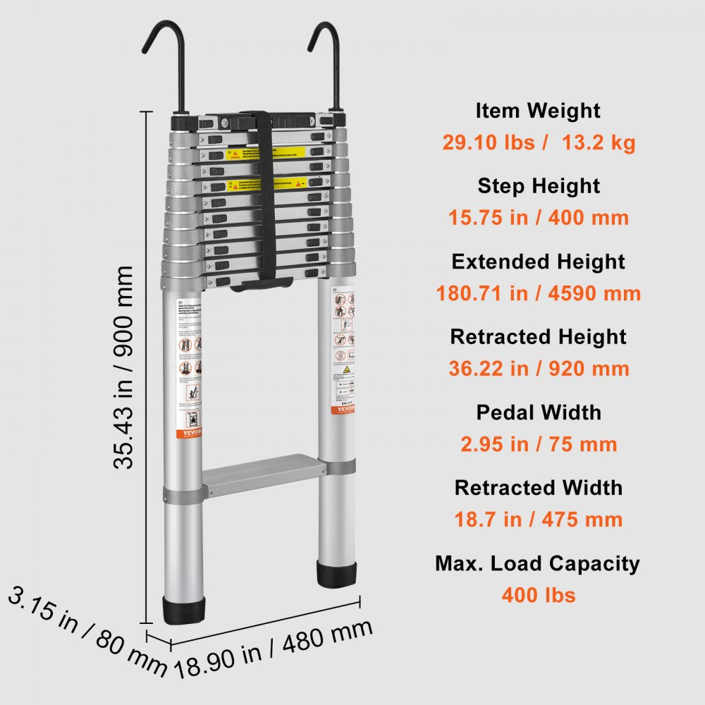 15 FT aluminum telescoping ladder with 400 lbs capacity and non-slip features.