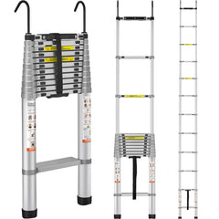 A 15-foot aluminum telescoping ladder with 400 lbs capacity and non-slip features.