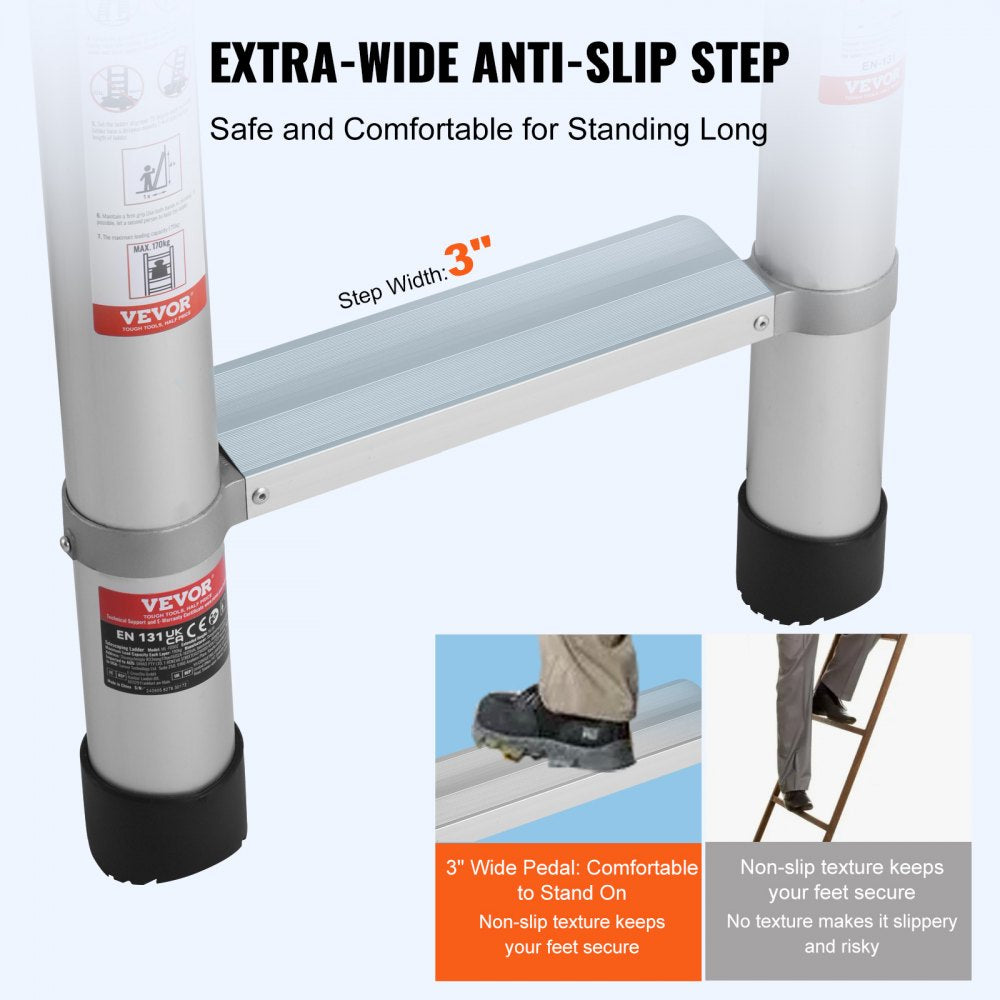 Aluminum telescopic extension ladder with extra-wide 3-inch anti-slip steps and 419 lbs capacity.