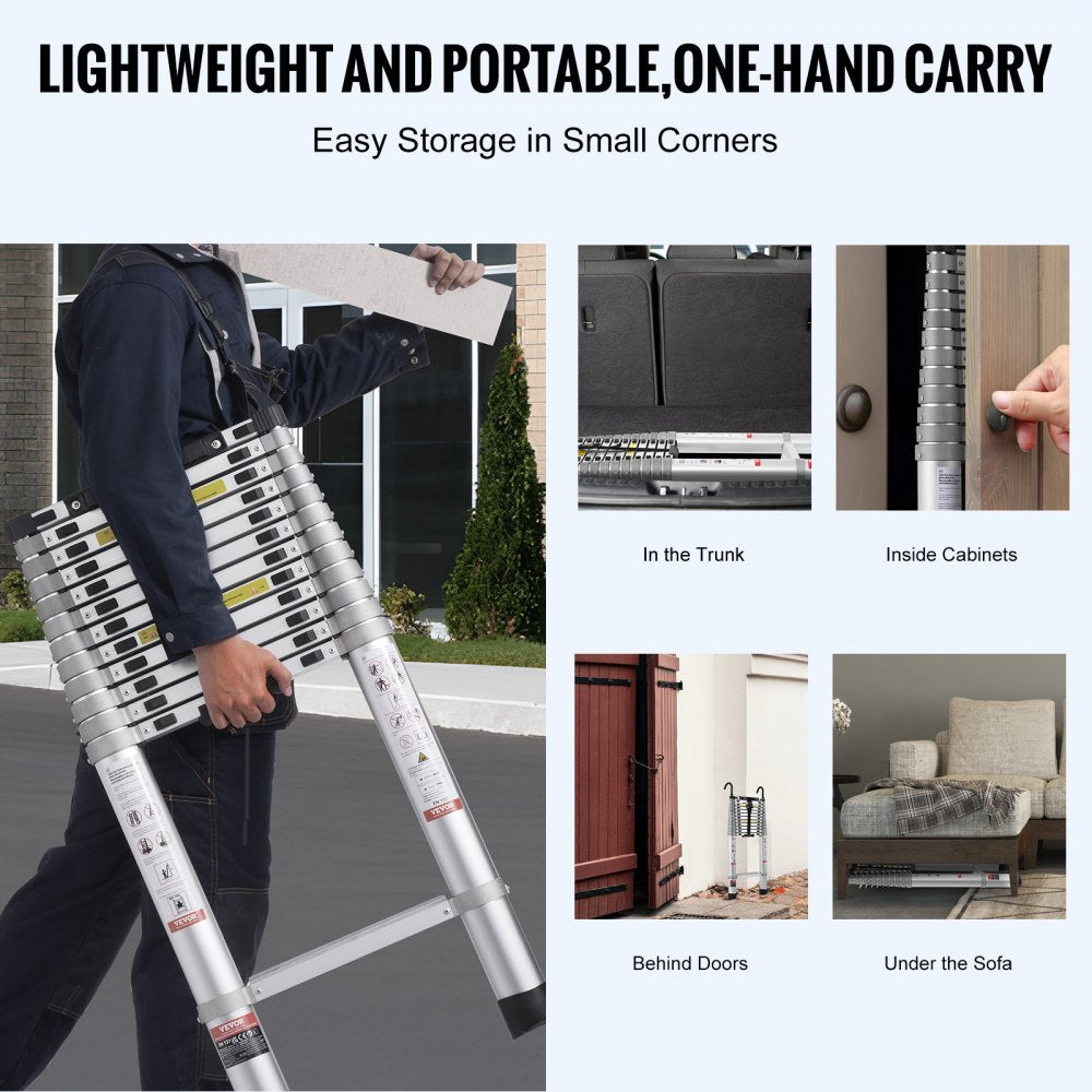 Man carrying compact aluminum telescopic ladder with storage examples in trunk and cabinets.