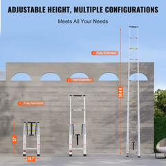 Aluminum telescopic ladder shown fully retracted, half-extended, and fully extended to 16.5 feet.