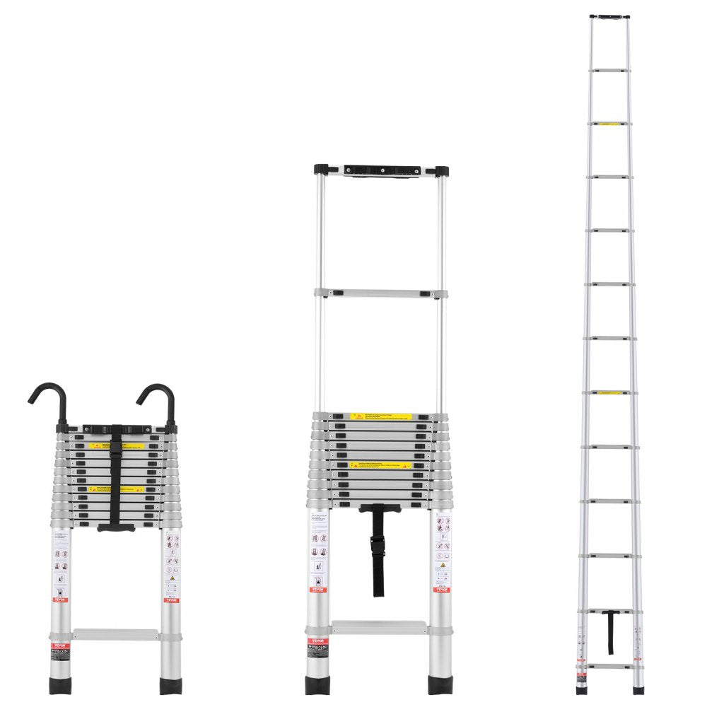 Three aluminum ladders: compact folded, extended telescopic, and tall straight extension.