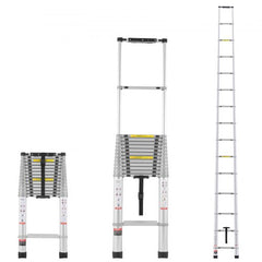 Aluminum telescoping extension ladder, 20.3 feet tall, supports 419 lbs with widened rungs.