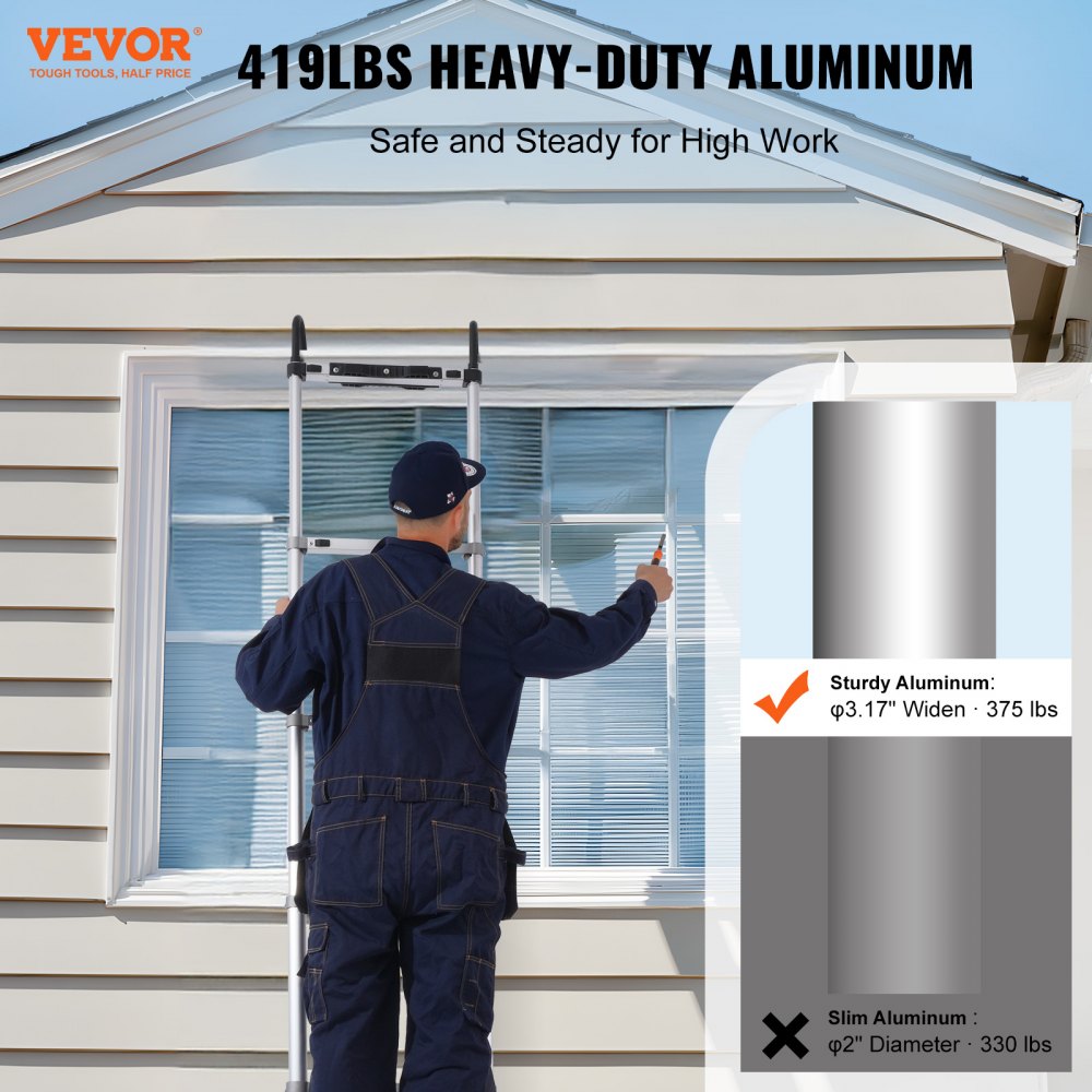 Aluminum telescoping extension ladder, 20.3 feet tall, with widened rungs and anti-slip foot pads.