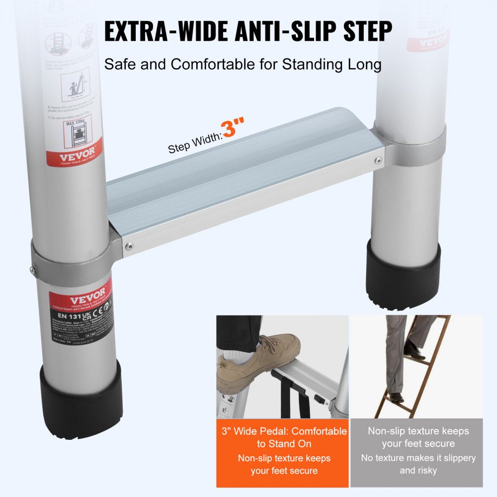Aluminum telescoping extension ladder, 20.3 feet tall, with 419 lbs capacity and wide rungs.