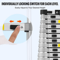 Aluminum telescoping extension ladder, 20.3 feet tall, with widened rungs and anti-slip foot pads.