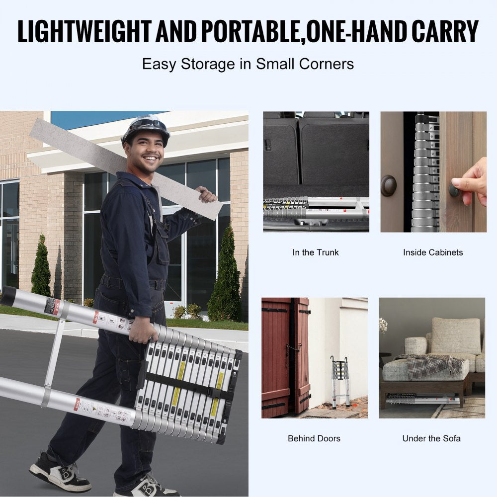 Aluminum telescoping extension ladder, 20.3 feet tall, with 419 lbs capacity and wide rungs.