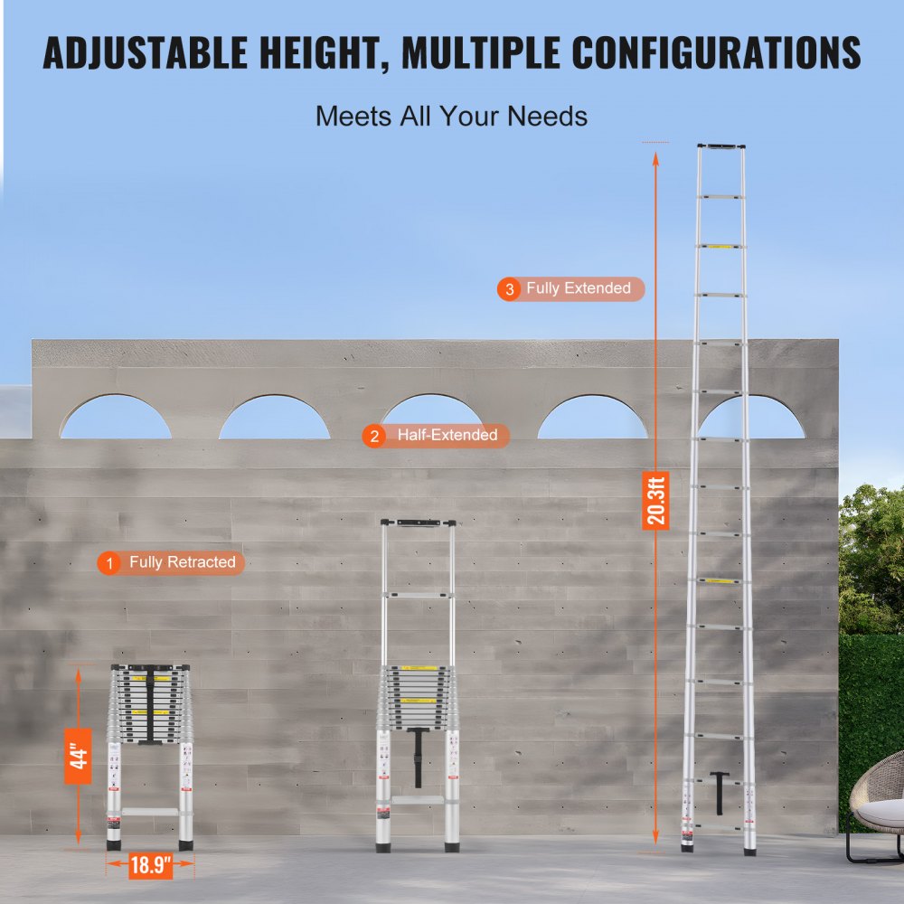 Aluminum telescoping extension ladder with 20.3FT height and 419 lbs capacity.