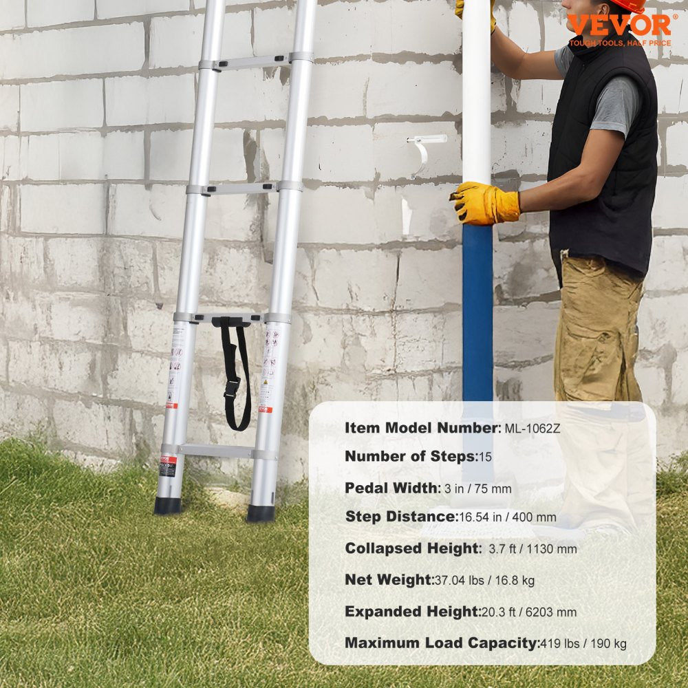 Aluminum telescoping extension ladder, 20.3FT tall, supports 419 lbs with anti-slip foot pads.