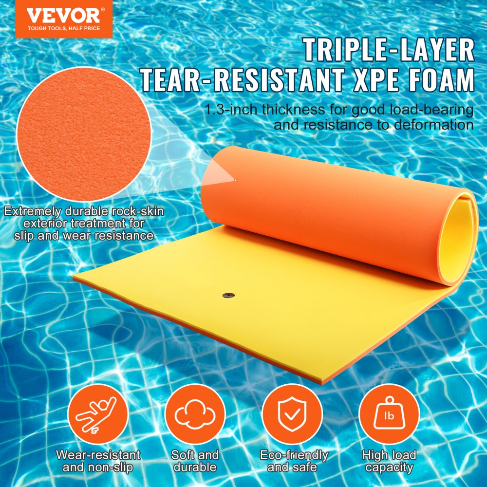 Bostome 12x6 FT floating water mat in orange and yellow, made of thick XPE foam for stability.