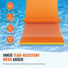 A 12x6 FT floating water mat made of 1.3" thick XPE foam in bright orange and yellow colors.