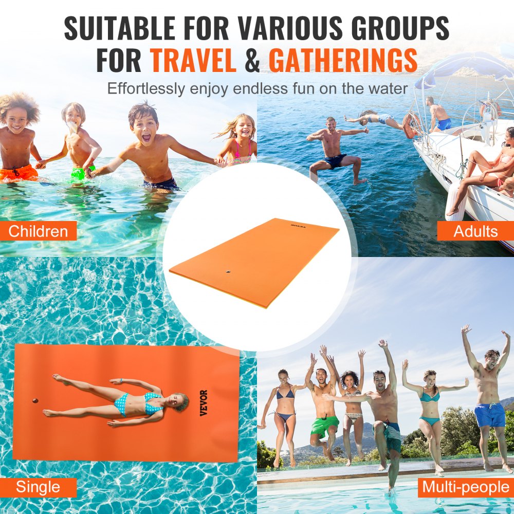 Bostome 12x6 FT floating water mat in orange and yellow, made of thick XPE foam for durability.