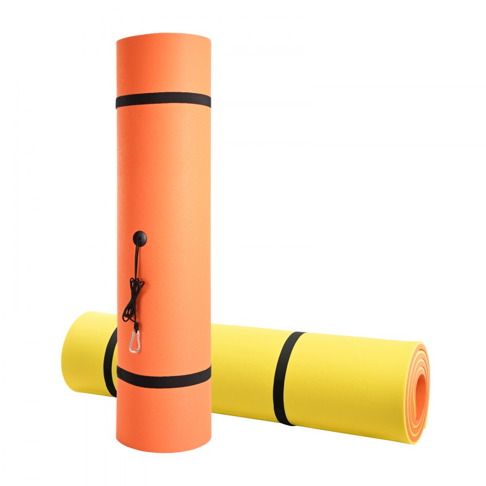 Bright orange and yellow 12x6 FT floating water mat made of thick, durable XPE foam.