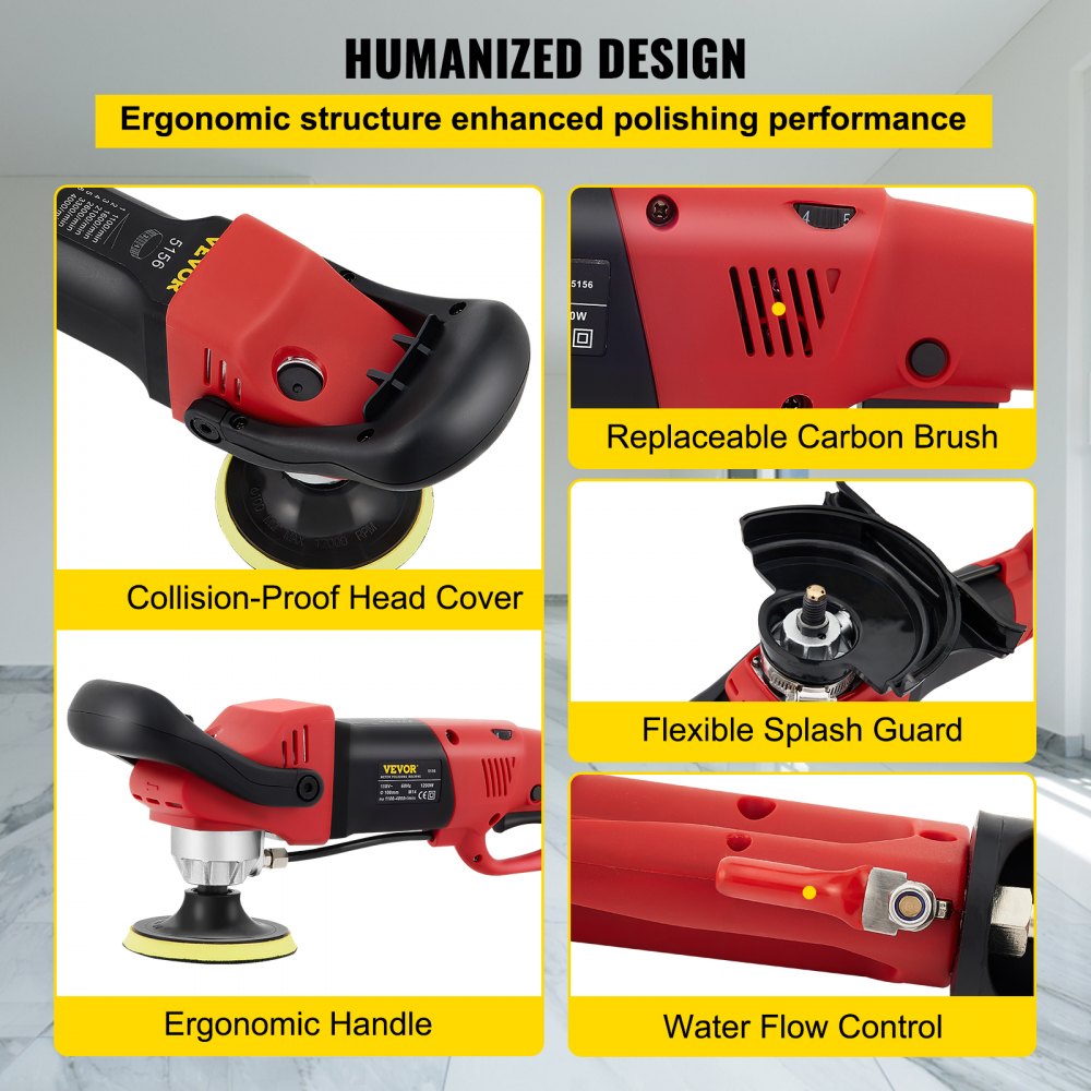 Bostome 1200W wet polisher grinder with 6 speeds, ergonomic handle, and 4-inch and 5-inch pads.