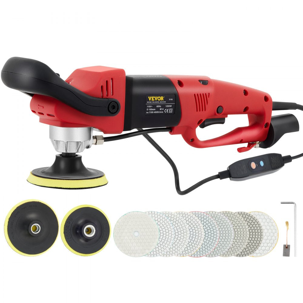 Bostome 1200W wet polisher grinder with 6 speeds, 4-inch and 5-inch pads, and accessories.