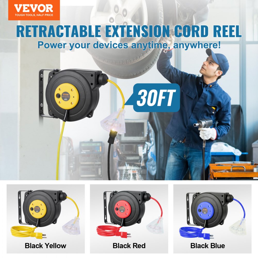 Retractable Extension Cord Reel Power Cord Reel 30FT 16AWG/3C SJTOW