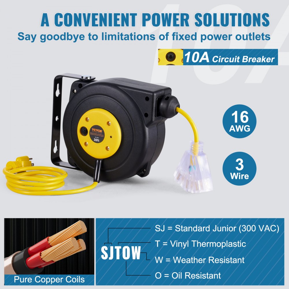 Retractable Extension Cord Reel Power Cord Reel 30FT 16AWG/3C SJTOW