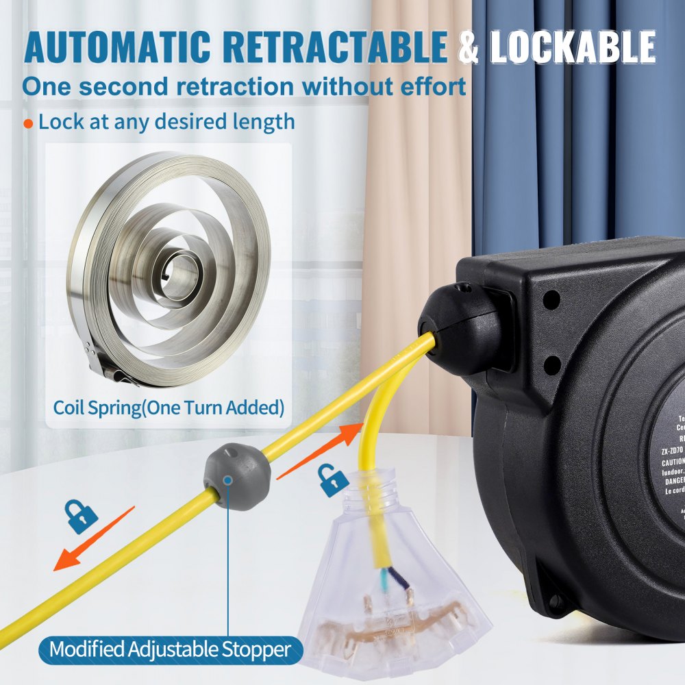 Retractable Extension Cord Reel Power Cord Reel 30FT 16AWG/3C SJTOW