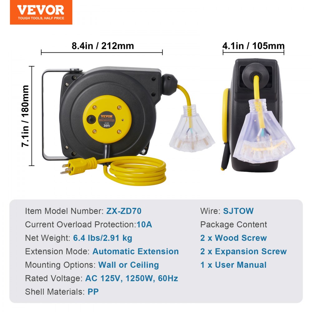 Retractable Extension Cord Reel Power Cord Reel 30FT 16AWG/3C SJTOW