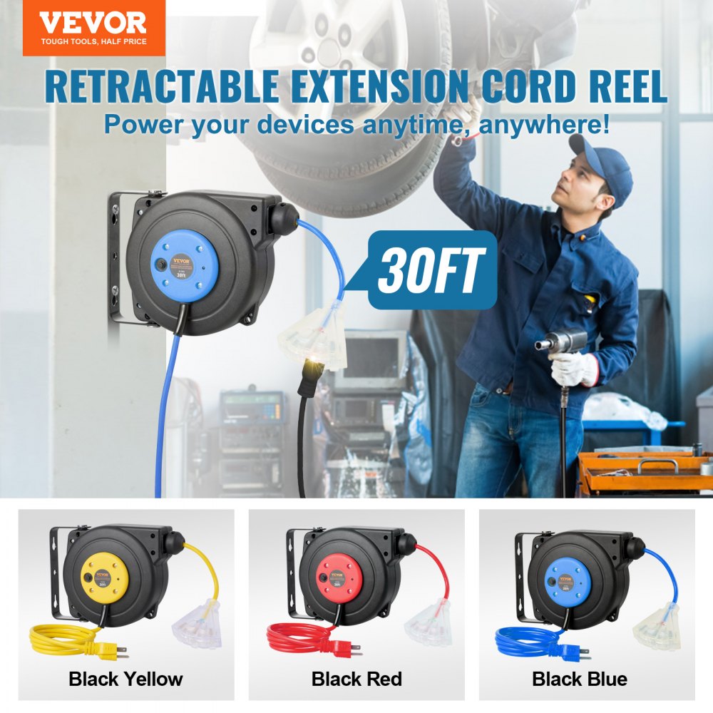 Retractable Extension Cord Reel Power Cord Reel 30FT 16AWG/3C SJTOW