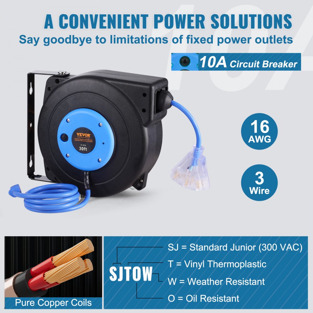 Retractable Extension Cord Reel Power Cord Reel 30FT 16AWG/3C SJTOW