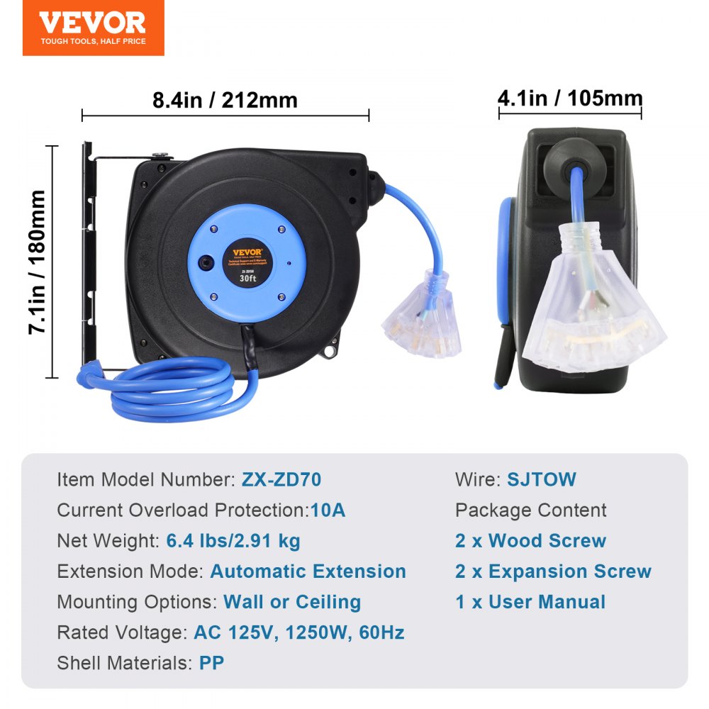 Retractable Extension Cord Reel Power Cord Reel 30FT 16AWG/3C SJTOW