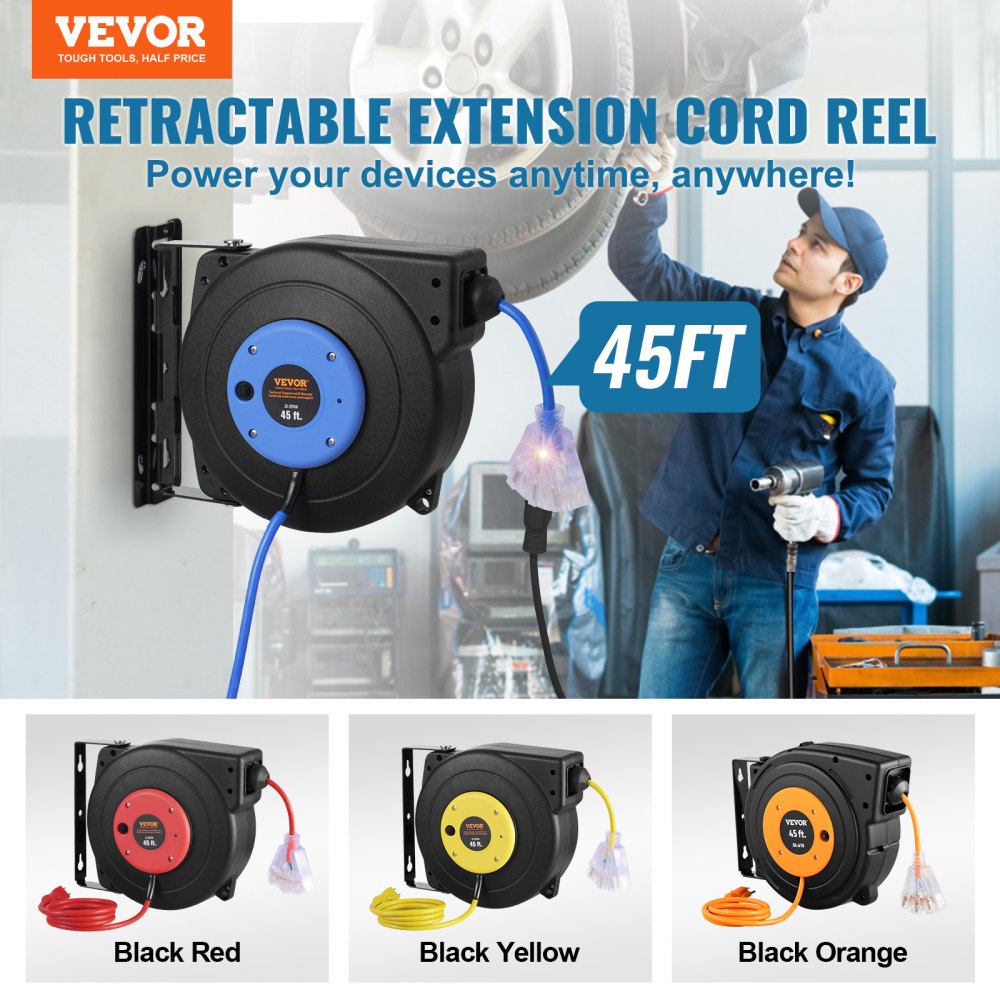 Retractable Extension Cord Reel Power Cord Reel 45FT 12AWG/3C SJTOW