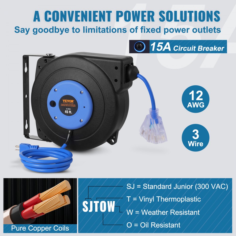 Retractable Extension Cord Reel Power Cord Reel 45FT 12AWG/3C SJTOW