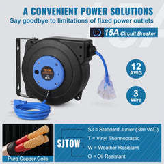 Retractable Extension Cord Reel Power Cord Reel 45FT 12AWG/3C SJTOW