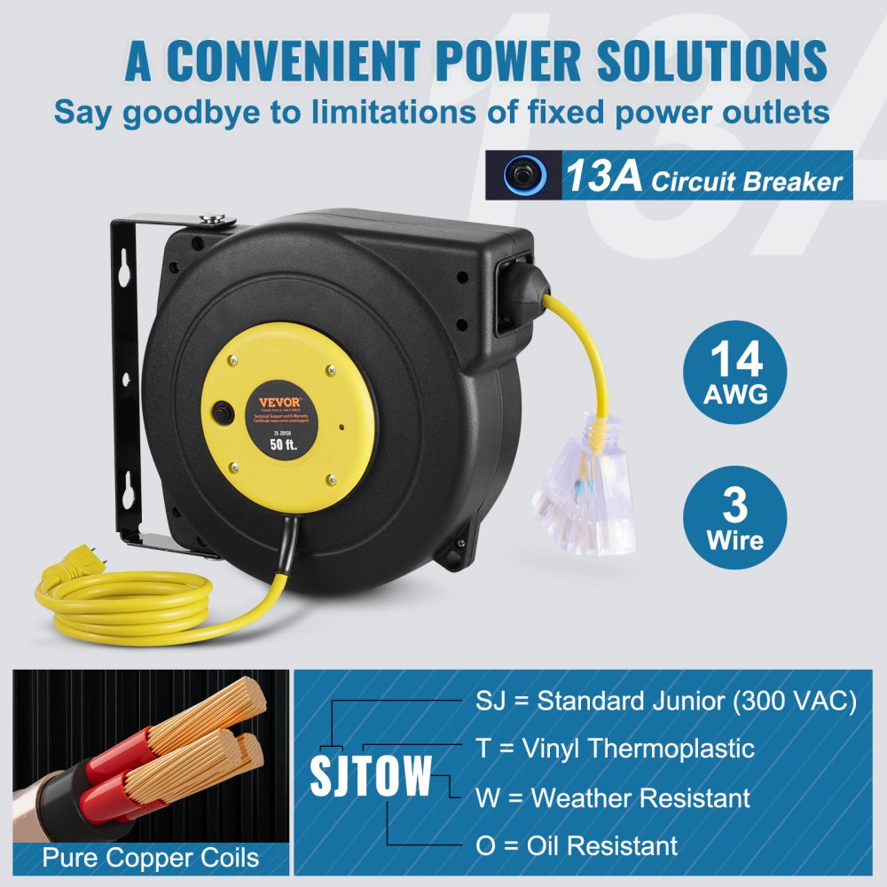Retractable Extension Cord Reel Power Cord Reel 50FT 14AWG/3C SJTOW