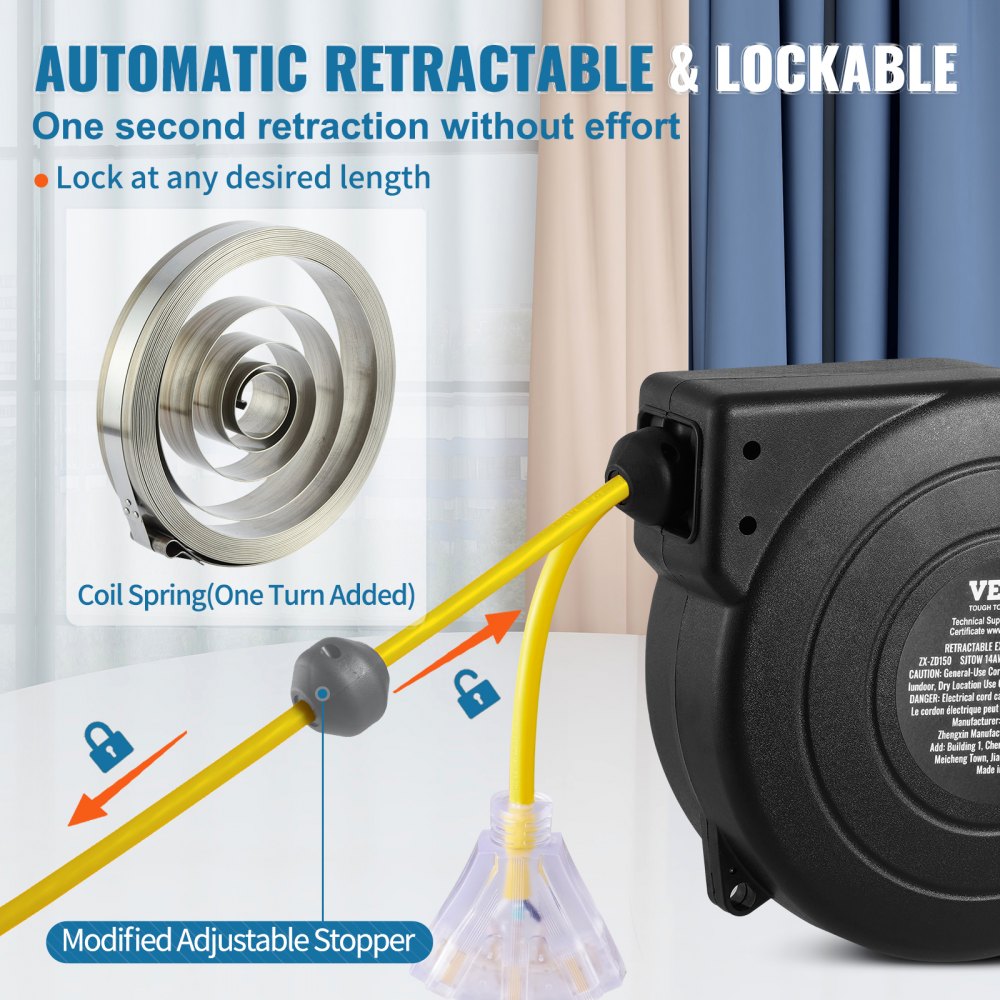 Retractable Extension Cord Reel Power Cord Reel 50FT 14AWG/3C SJTOW
