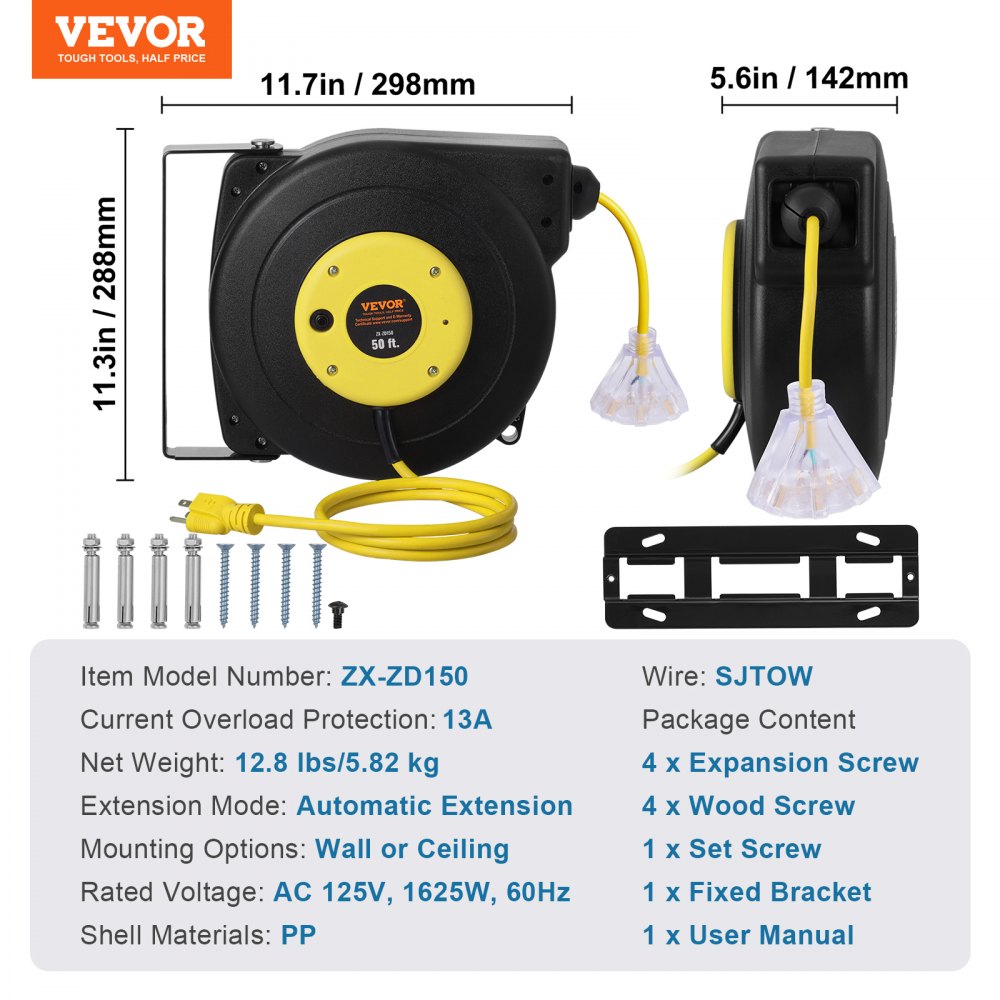 Retractable Extension Cord Reel Power Cord Reel 50FT 14AWG/3C SJTOW