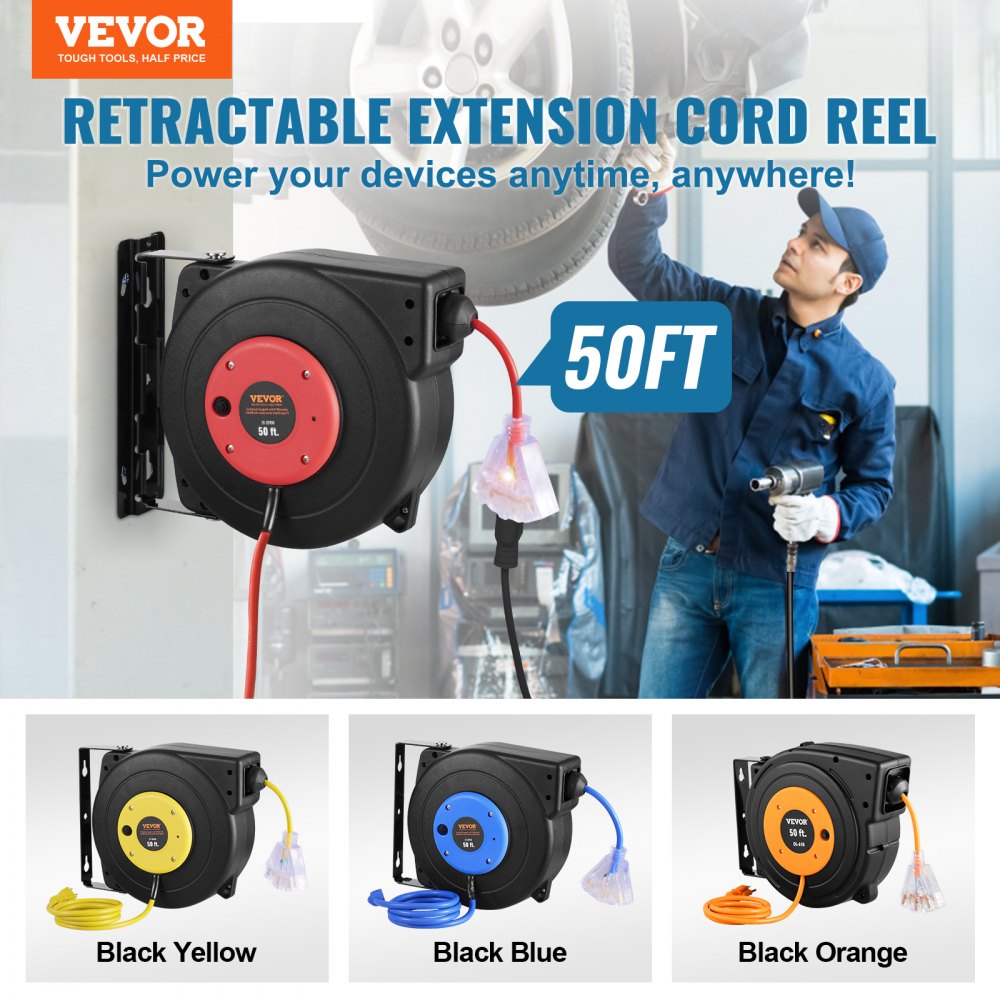 Retractable Extension Cord Reel Power Cord Reel 50FT 14AWG/3C SJTOW