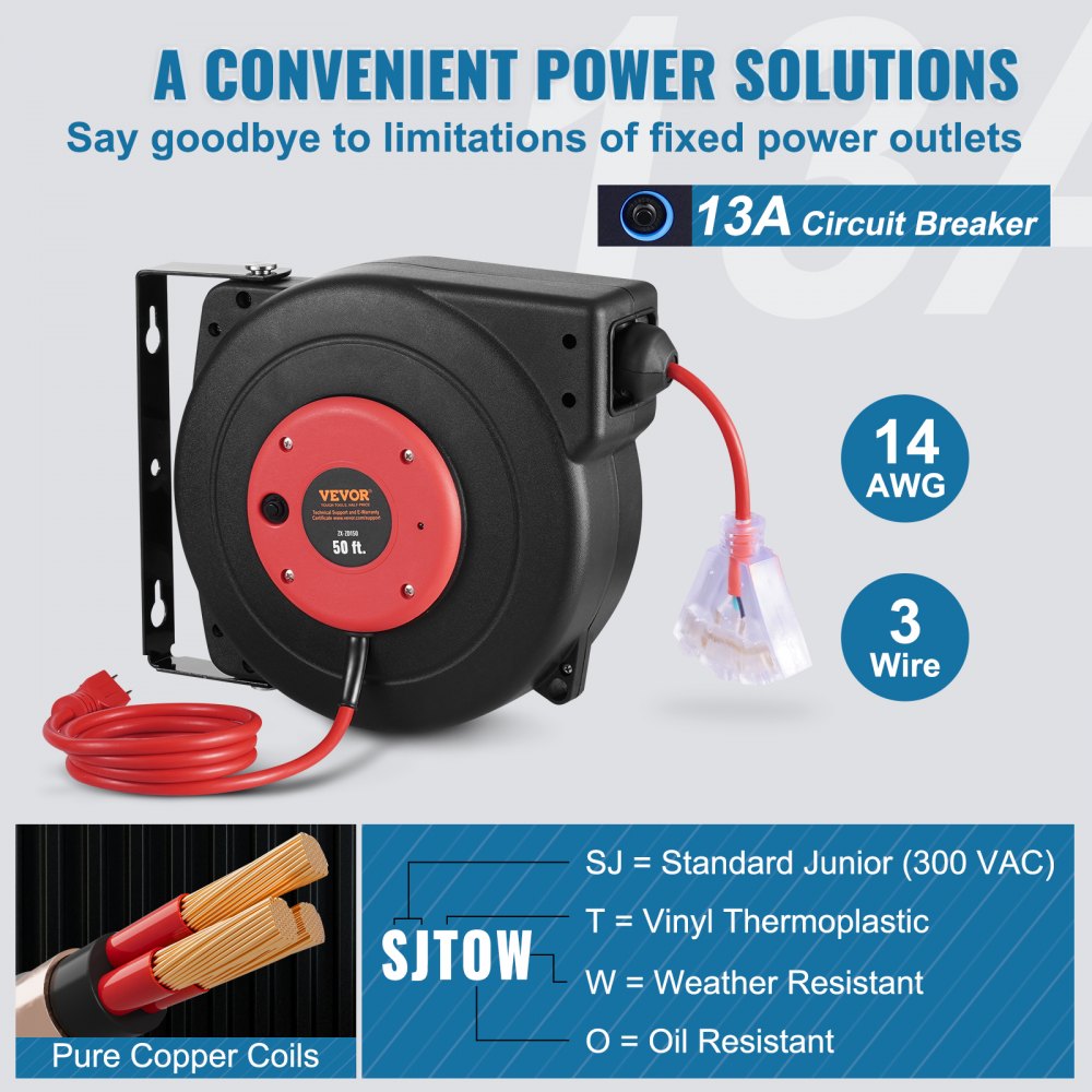 Retractable Extension Cord Reel Power Cord Reel 50FT 14AWG/3C SJTOW