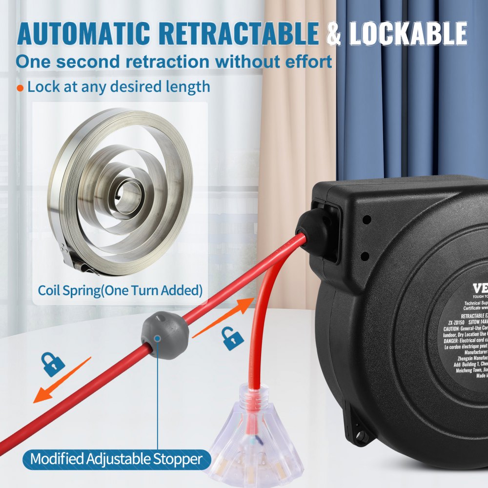 Retractable Extension Cord Reel Power Cord Reel 50FT 14AWG/3C SJTOW