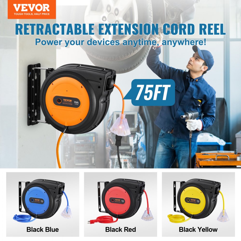 Retractable Extension Cord Reel Power Cord Reel 75FT 14AWG/3C SJTOW