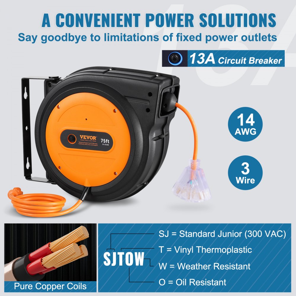 Retractable Extension Cord Reel Power Cord Reel 75FT 14AWG/3C SJTOW